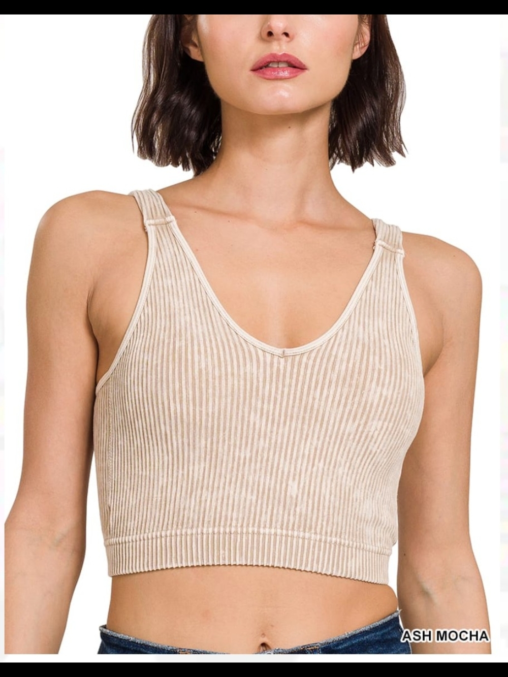 Zenana Women's Mineral Wash Padded Ribbed V-Neck Tank Top Ash Mocha S/M Or L/XL